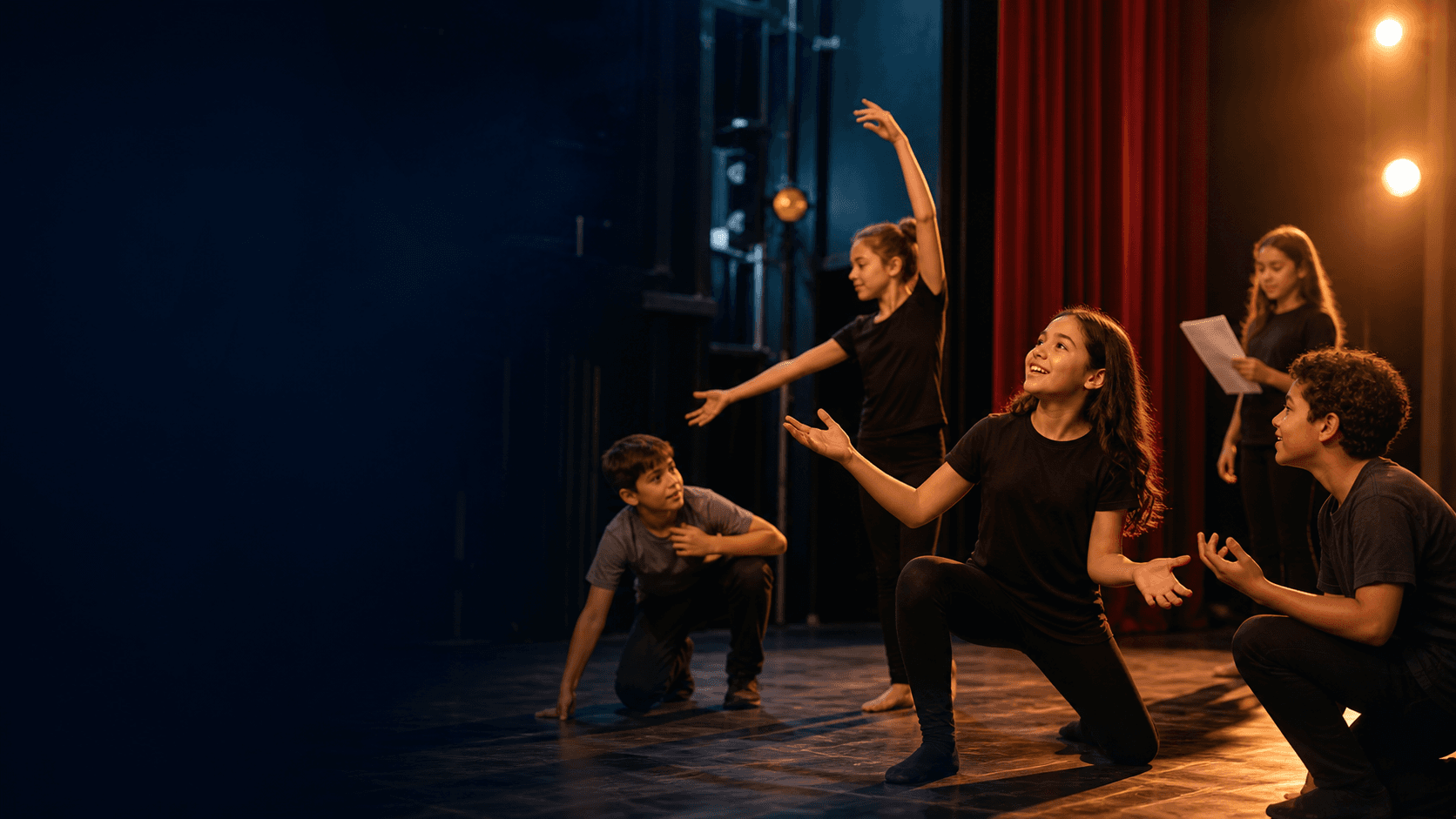 Estudiantes practicando una escena teatral