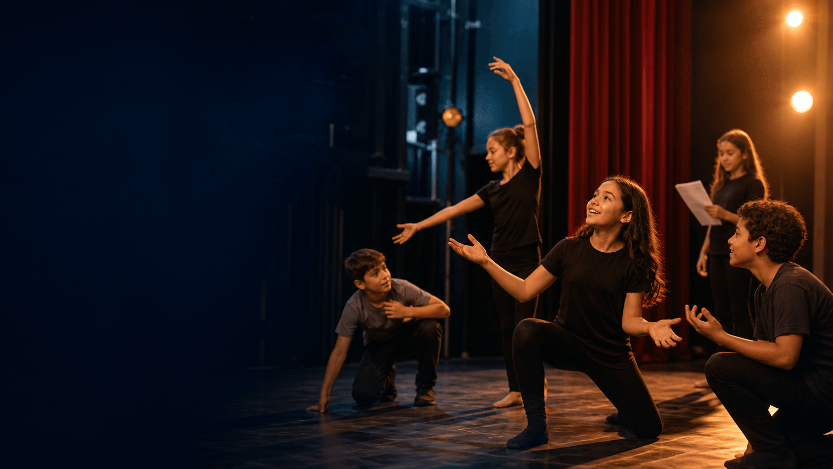 Estudiantes practicando artes dramáticas en una escena teatral